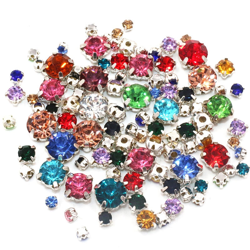 100pcs Mixed Size Glass Crystal Rhinestones with Silver Claw