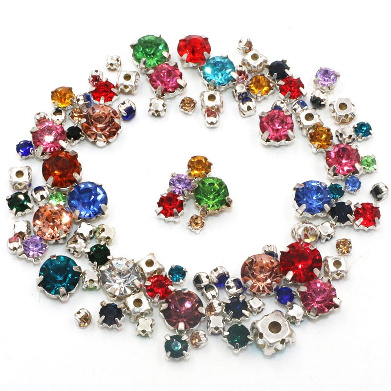 100pcs Mixed Size Glass Crystal Rhinestones with Silver Claw