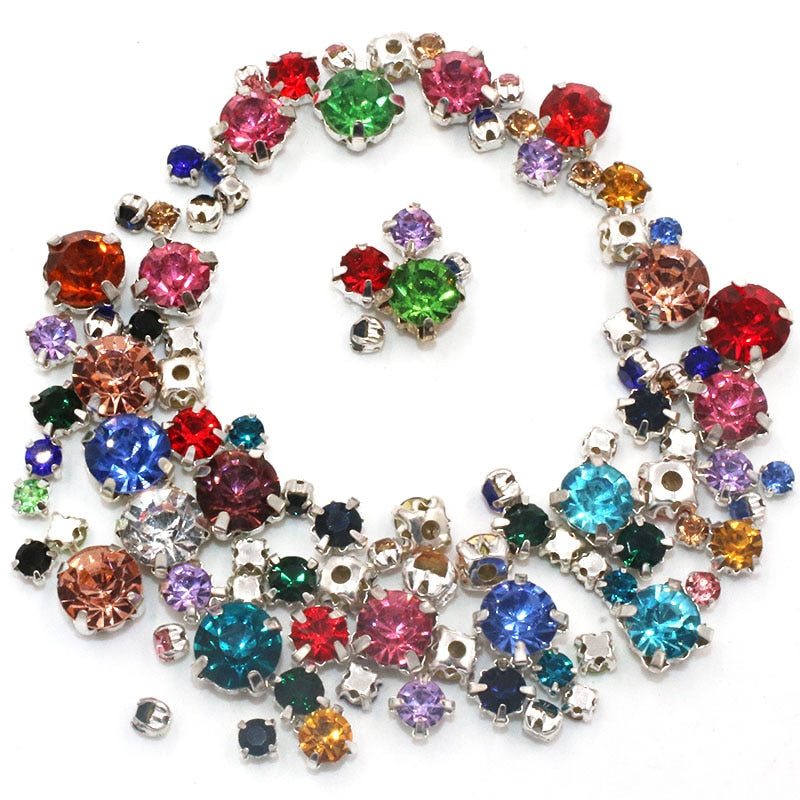 100pcs Mixed Size Glass Crystal Rhinestones with Silver Claw