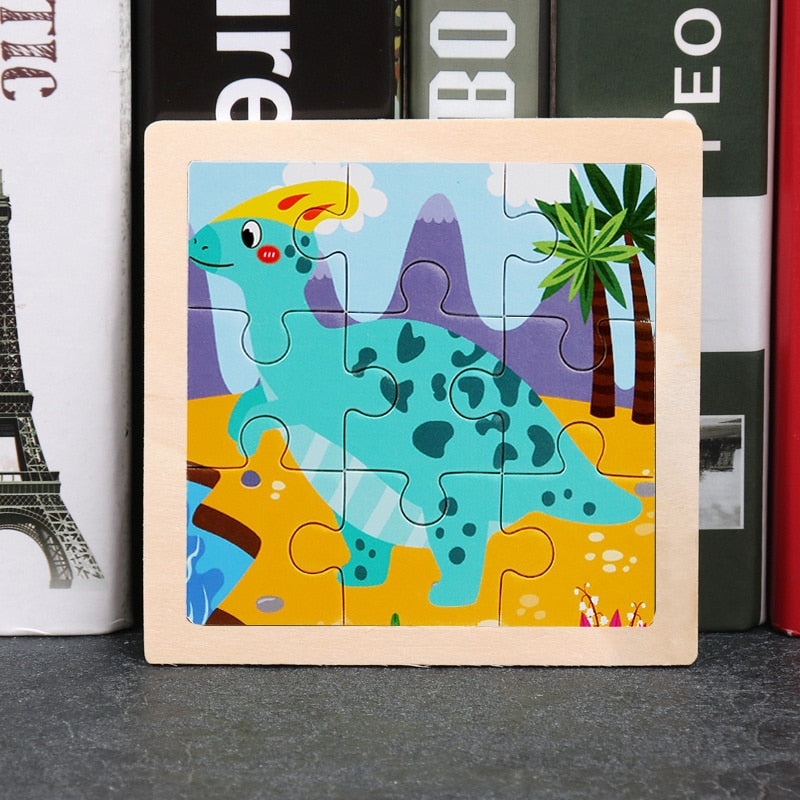 9-Piece Montessori Wooden Puzzle Set - Cartoon Dinosaur & Transportation Themes for Kids