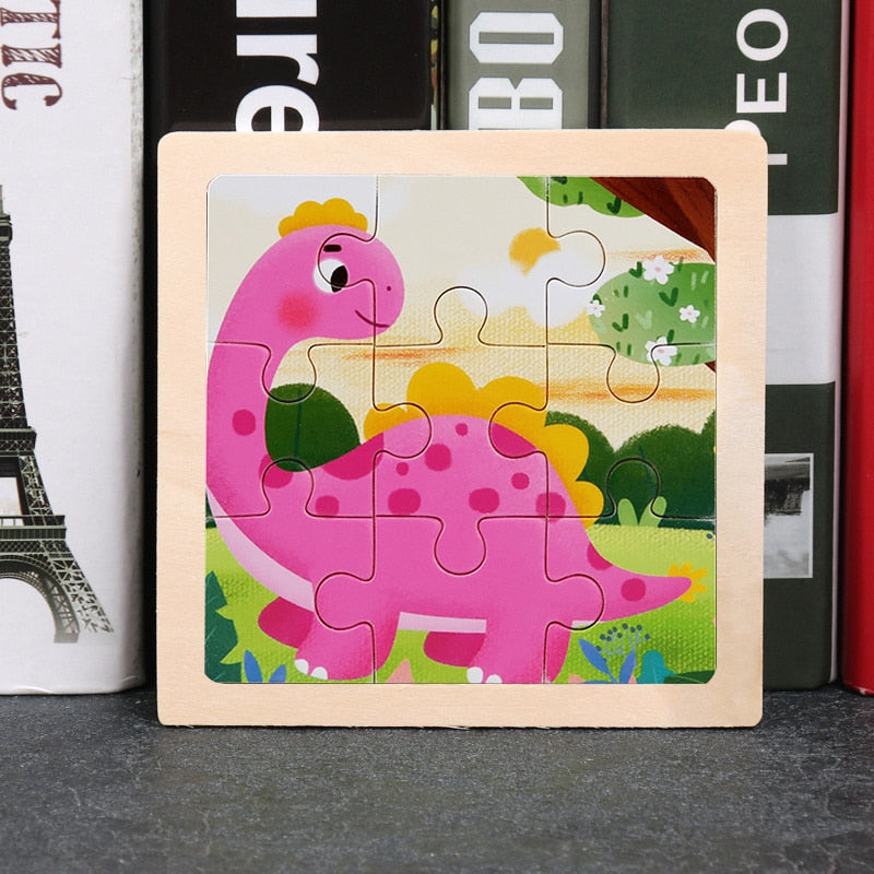 9-Piece Montessori Wooden Puzzle Set - Cartoon Dinosaur & Transportation Themes for Kids