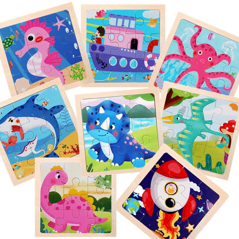 9-Piece Montessori Wooden Puzzle Set - Cartoon Dinosaur & Transportation Themes for Kids